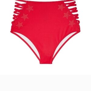 PINK Victoria Secret Swim High-Waist Bikini Bottom Strappy Lipstick Red Star LG
